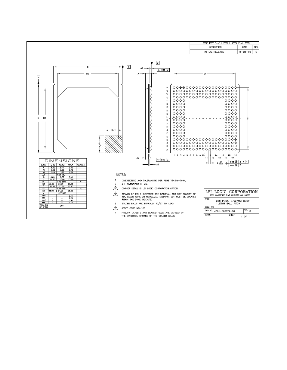 Figure6.35 256-pin pbga (gu) mechanical drawing, Pin pbga (gu) mechanical drawing | Avago Technologies LSI53C876E User Manual | Page 293 / 322