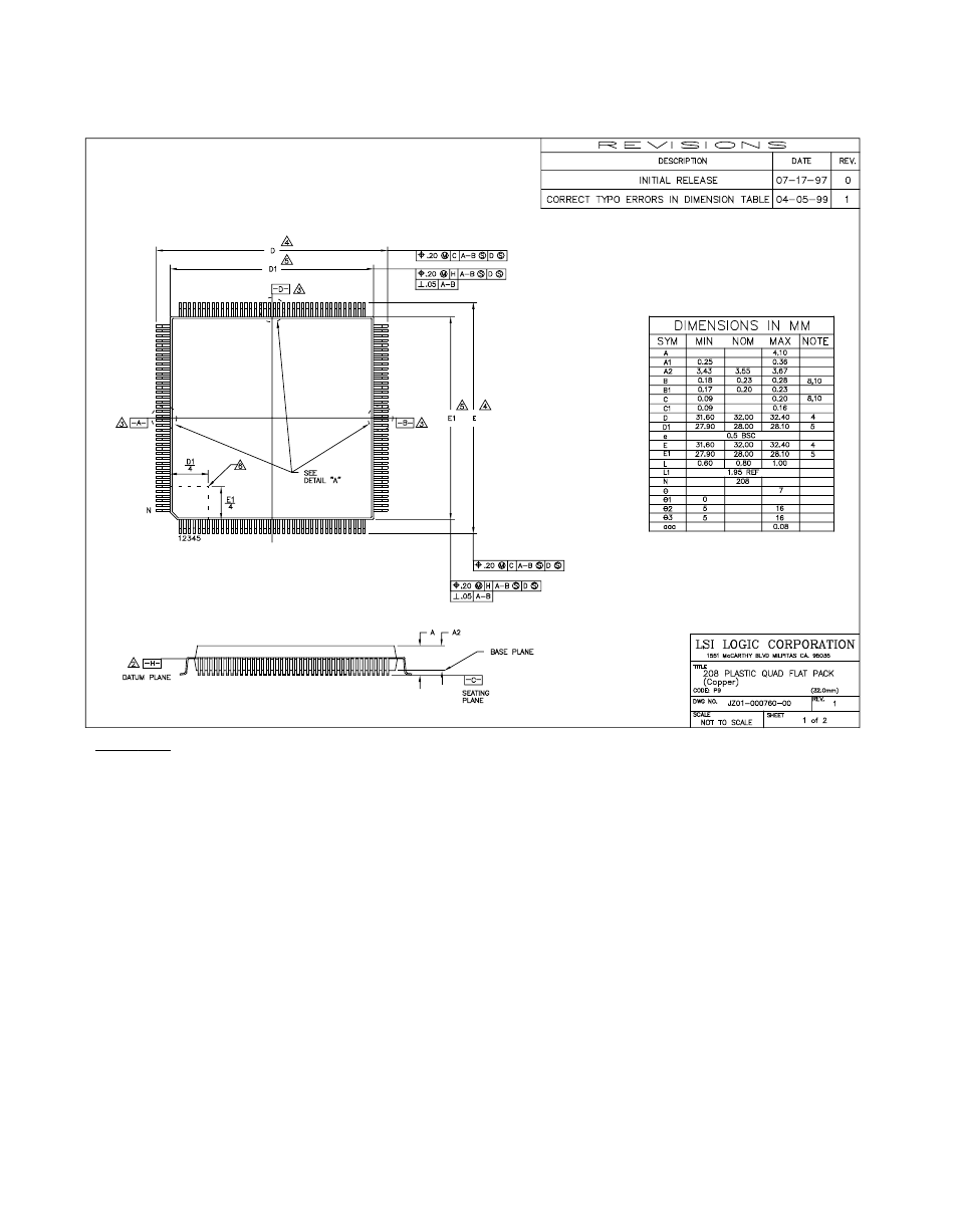 Pin pqfp (p9) mechanical drawing (sheet 1 of 2) | Avago Technologies LSI53C876E User Manual | Page 294 / 322