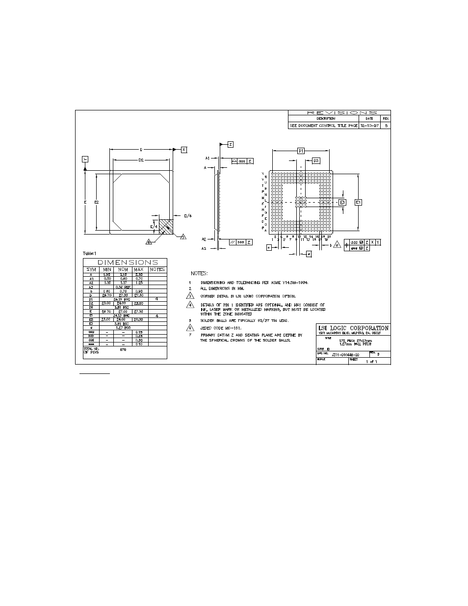 Figure6.43 lsi53c895a 272 pbga mechanical drawing, Lsi53c895a 272 pbga mechanical drawing | Avago Technologies LSI53C895A User Manual | Page 336 / 364