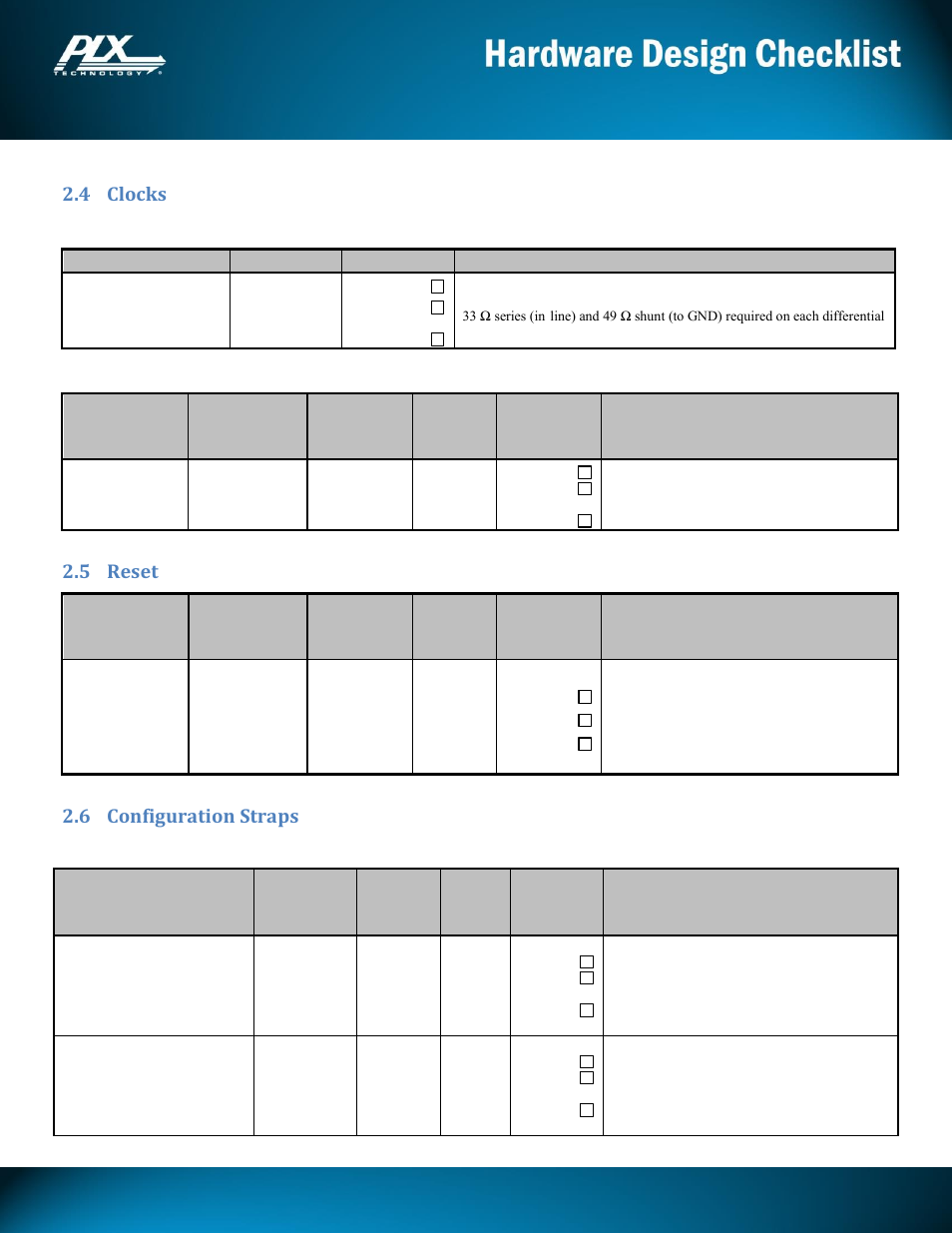 Pex8605, 4 clocks 2.4.1 clock source and line termination, 2 clock input pins | 5 reset, 6 configuration straps | Avago Technologies PEX 8605 User Manual | Page 4 / 13