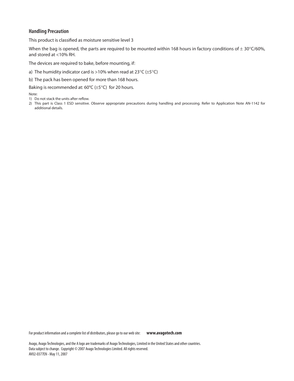 Handling precaution | Avago Technologies ASMT-FG10-NFJ00 User Manual | Page 5 / 5