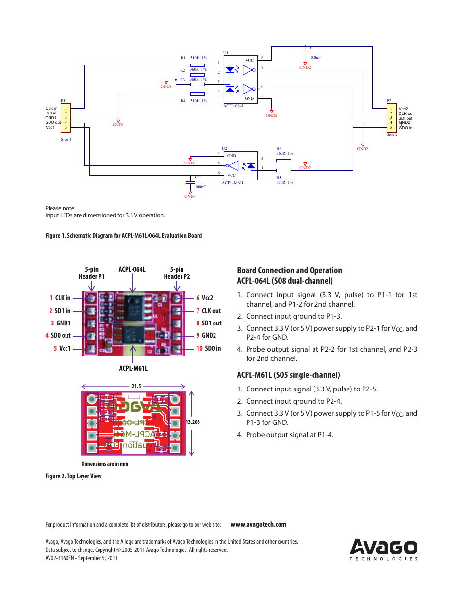 Low power optocoupler evaluation pcb, Acpl-m61l (so5 single-channel) | Avago Technologies ACPL-064L-000E User Manual | Page 2 / 2