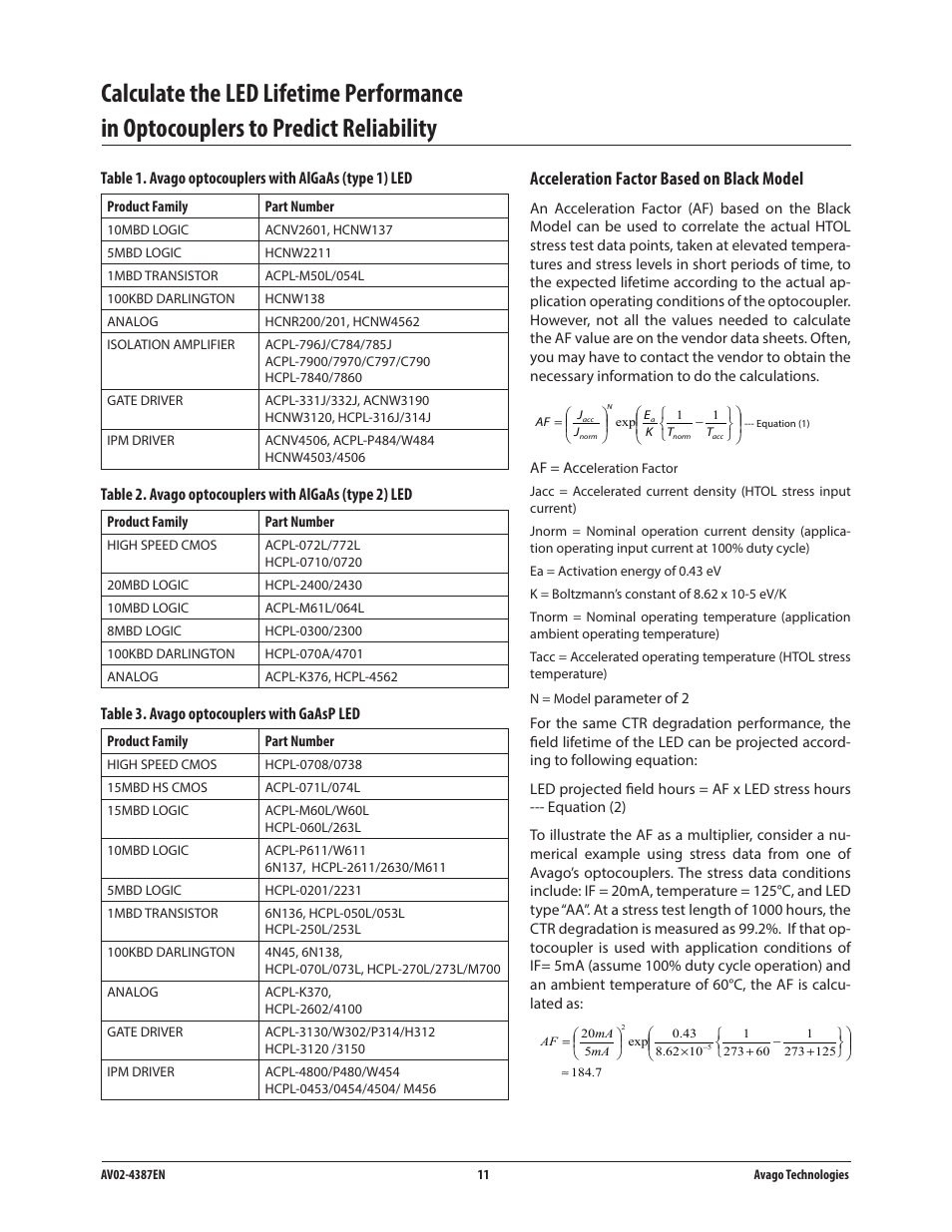 Acceleration factor based on black model, Table 3. avago optocouplers with gaasp led | Avago Technologies ACPL-224-500E User Manual | Page 13 / 67
