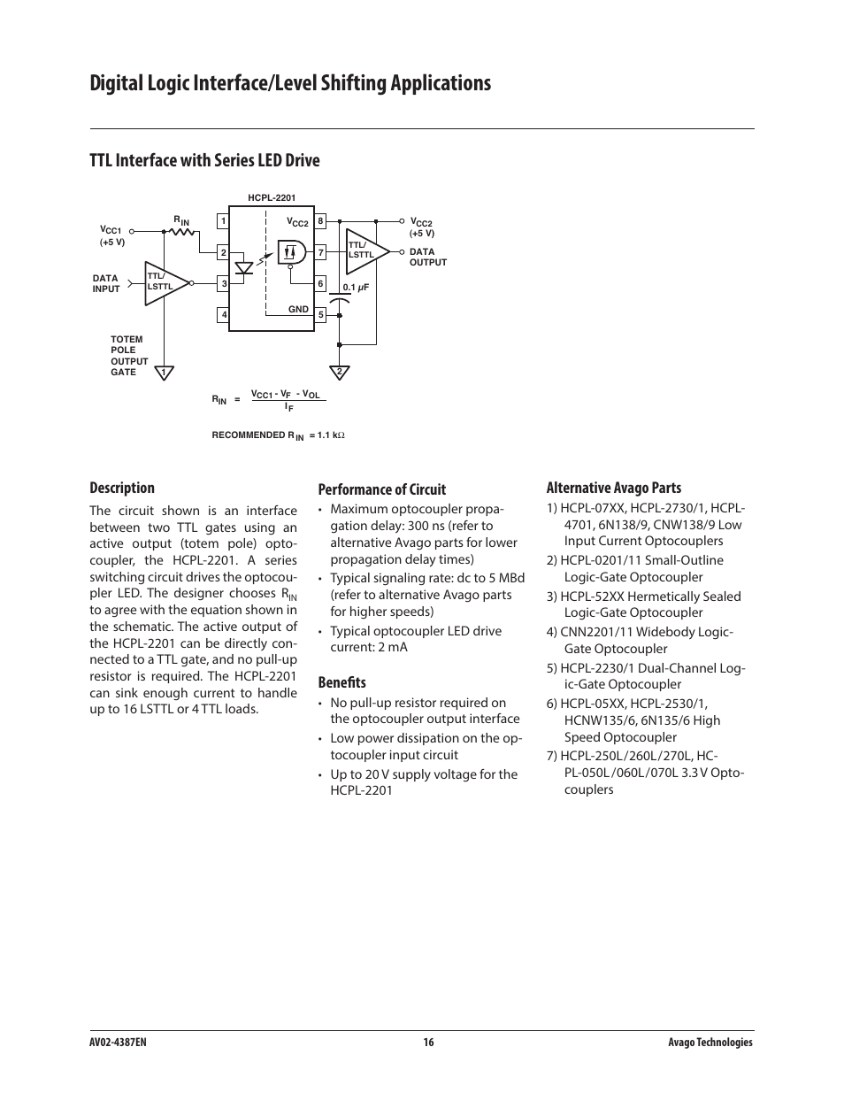 Ttl interface with series led drive, Description, Performance of circuit | Benefits, Alternative avago parts | Avago Technologies ACPL-224-500E User Manual | Page 19 / 67