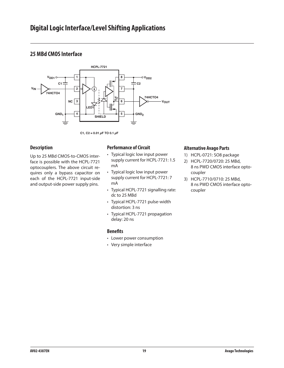 25 mbd cmos interface, Description, Performance of circuit | Benefits, Alternative avago parts | Avago Technologies ACPL-224-500E User Manual | Page 22 / 67