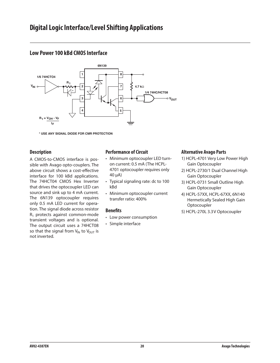 Low power 100 kbd cmos interface, Performance of circuit, Benefits | Alternative avago parts, Description | Avago Technologies ACPL-224-500E User Manual | Page 23 / 67