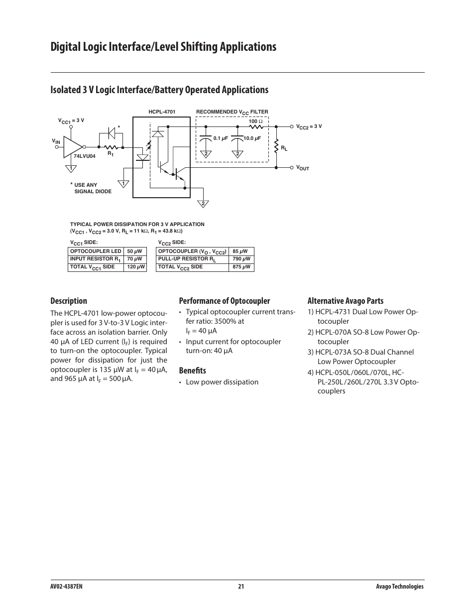 Description, Performance of optocoupler, Benefits | Alternative avago parts | Avago Technologies ACPL-224-500E User Manual | Page 24 / 67