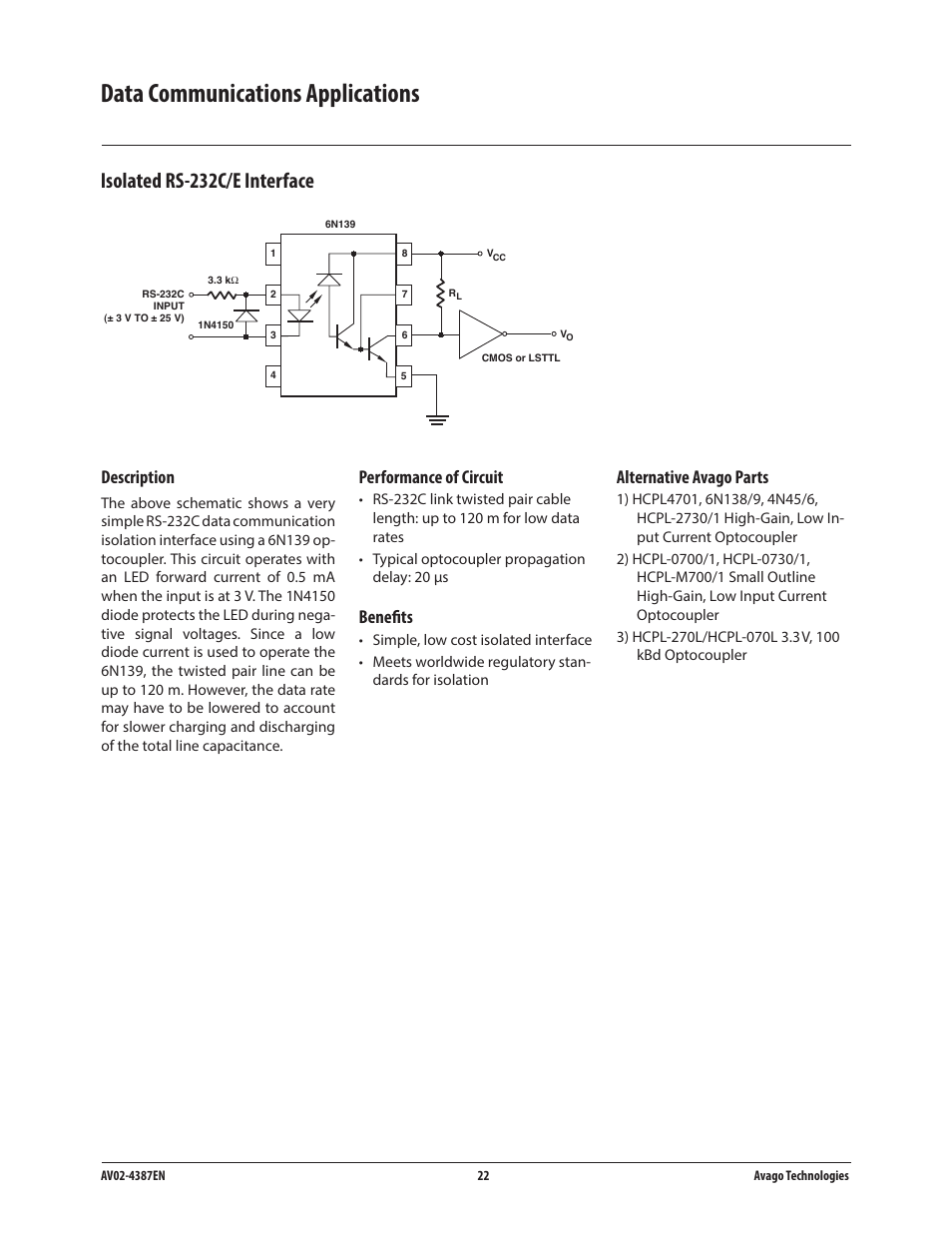 Data communications applications, Isolated rs-232c/e interface, Description | Performance of circuit, Benefits, Alternative avago parts | Avago Technologies ACPL-224-500E User Manual | Page 25 / 67