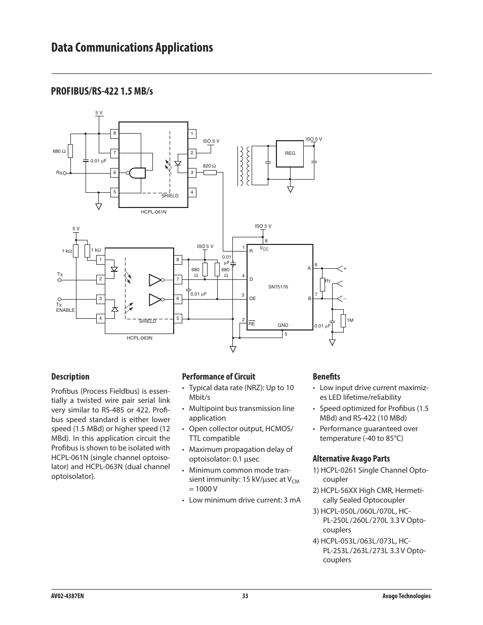 Data communications applications, Description, Performance of circuit | Benefits, Alternative avago parts | Avago Technologies ACPL-224-500E User Manual | Page 36 / 67