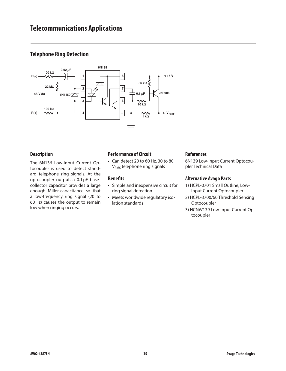 Telecommunications applications, Telephone ring detection, Description | Performance of circuit, Benefits, References, Alternative avago parts | Avago Technologies ACPL-224-500E User Manual | Page 38 / 67