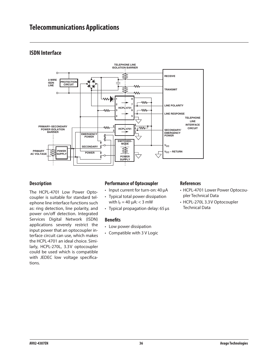 Telecommunications applications, Isdn interface, Description | Performance of optocoupler, Benefits, References, Low power dissipation • compatible with 3 v logic | Avago Technologies ACPL-224-500E User Manual | Page 39 / 67