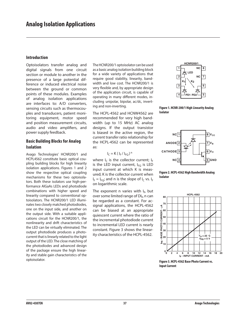 Analog isolation applications, Introduction, Basic building blocks for analog isolation | Avago Technologies ACPL-224-500E User Manual | Page 40 / 67