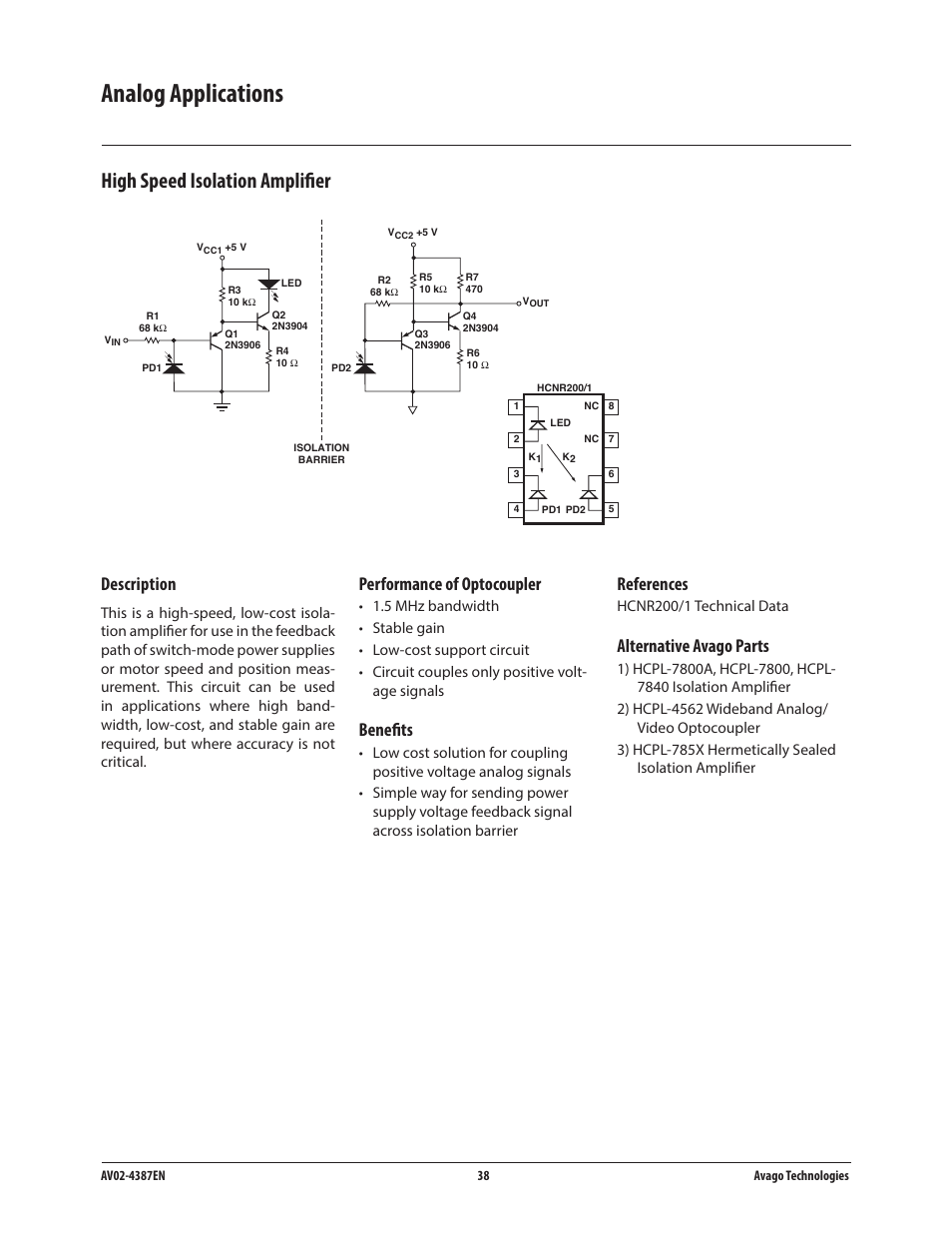 Analog applications, High speed isolation amplifier, Description | Performance of optocoupler, Benefits, References, Alternative avago parts | Avago Technologies ACPL-224-500E User Manual | Page 41 / 67