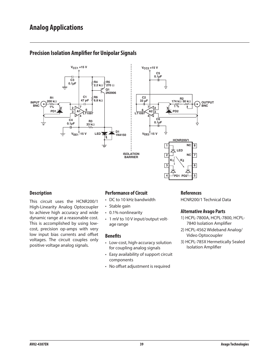 Analog applications, Precision isolation amplifier for unipolar signals, Description | Performance of circuit, Benefits, References, Alternative avago parts | Avago Technologies ACPL-224-500E User Manual | Page 42 / 67