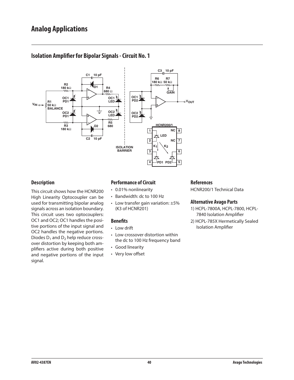 Analog applications, Description, Performance of circuit | Benefits, References, Alternative avago parts | Avago Technologies ACPL-224-500E User Manual | Page 43 / 67