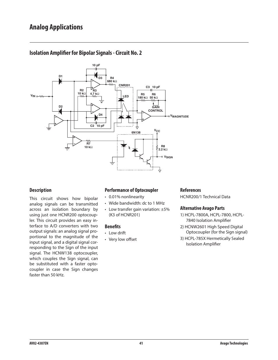 Analog applications, Description, References | Alternative avago parts, Performance of optocoupler, Benefits | Avago Technologies ACPL-224-500E User Manual | Page 44 / 67