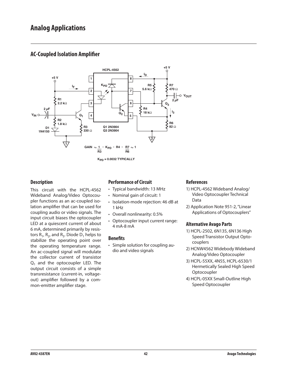 Analog applications, Ac-coupled isolation amplifier, Description | Performance of circuit, Benefits, References, Alternative avago parts | Avago Technologies ACPL-224-500E User Manual | Page 45 / 67