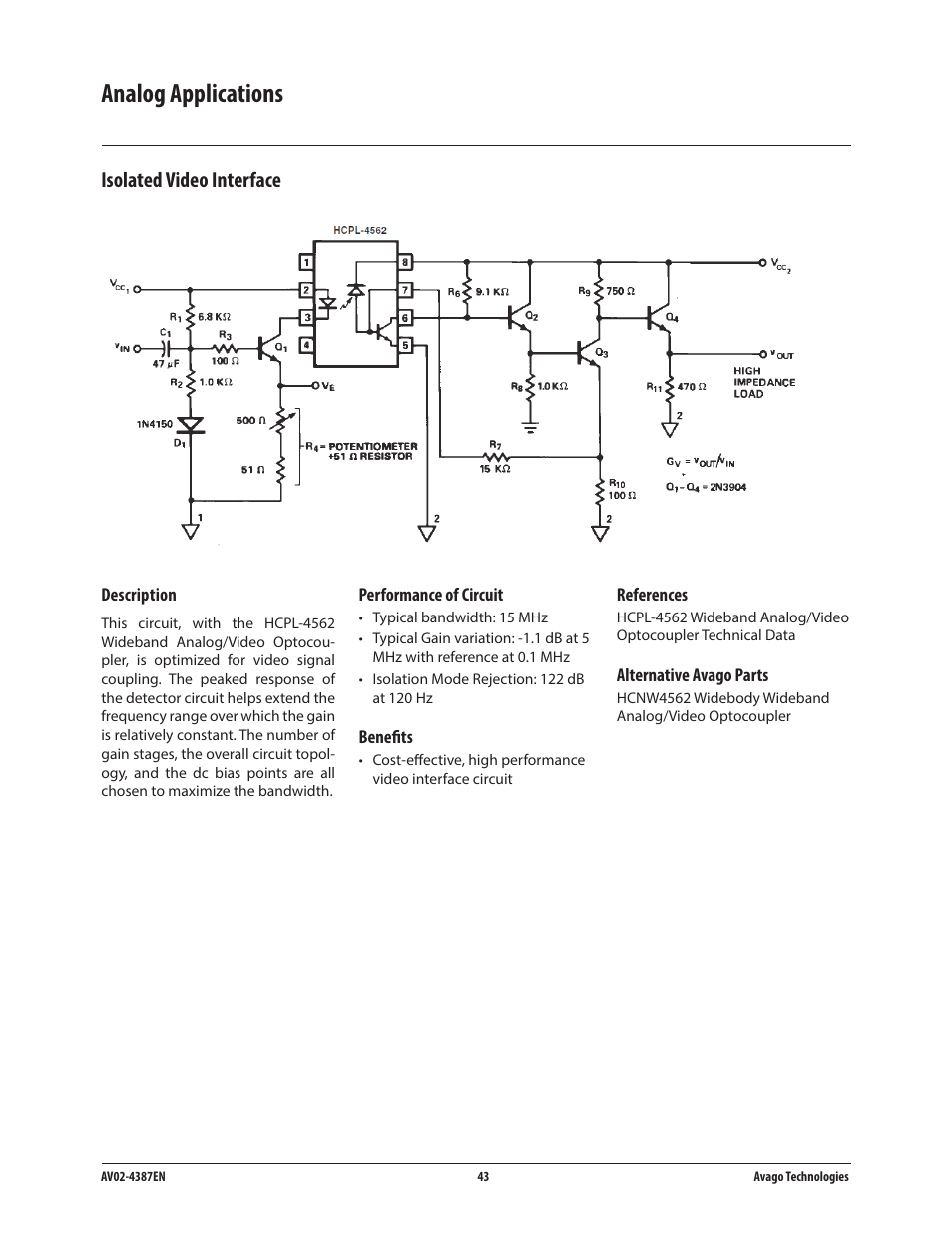 Analog applications, Isolated video interface | Avago Technologies ACPL-224-500E User Manual | Page 46 / 67