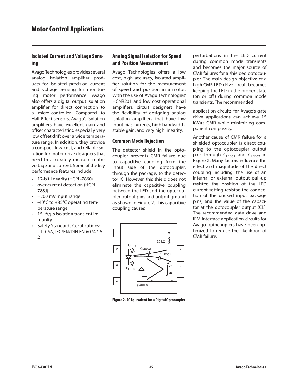 Motor control applications, Isolated current and voltage sens- ing, Common mode rejection | Avago Technologies ACPL-224-500E User Manual | Page 48 / 67