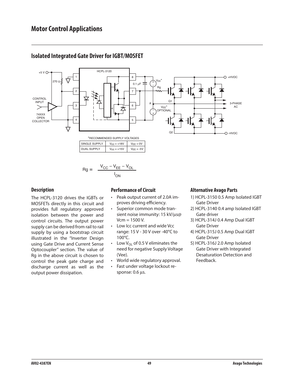 Motor control applications, Isolated integrated gate driver for igbt/mosfet, Description | Performance of circuit, Alternative avago parts | Avago Technologies ACPL-224-500E User Manual | Page 52 / 67