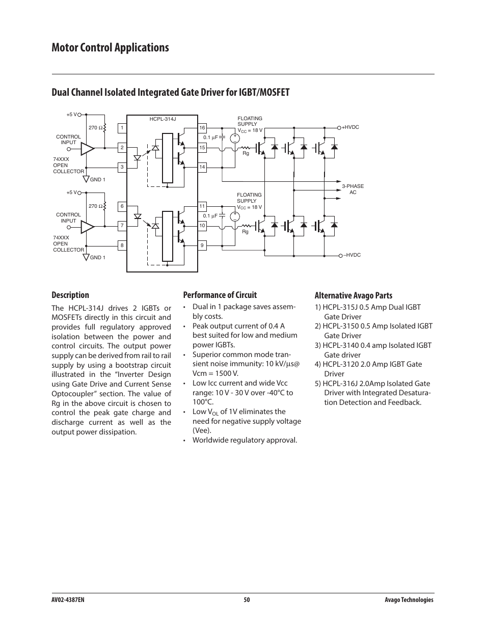 Motor control applications, Description, Performance of circuit | Alternative avago parts | Avago Technologies ACPL-224-500E User Manual | Page 53 / 67