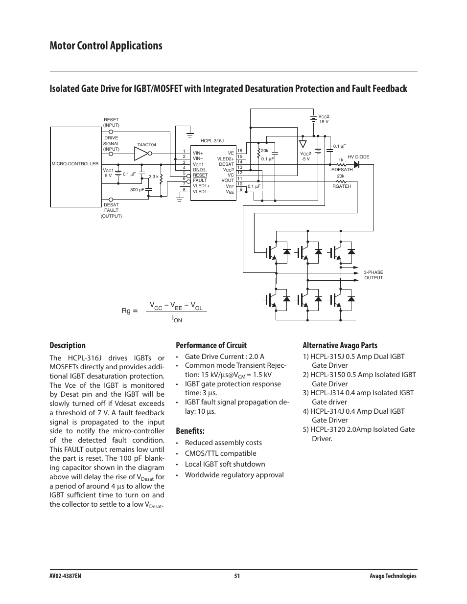 Motor control applications, Description, Performance of circuit | Benefits, Alternative avago parts | Avago Technologies ACPL-224-500E User Manual | Page 54 / 67