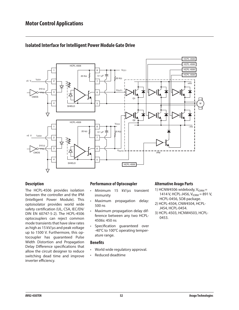 Motor control applications, Description, Performance of optocoupler | Benefits, Alternative avago parts, World wide regulatory approval. • reduced deadtime | Avago Technologies ACPL-224-500E User Manual | Page 55 / 67