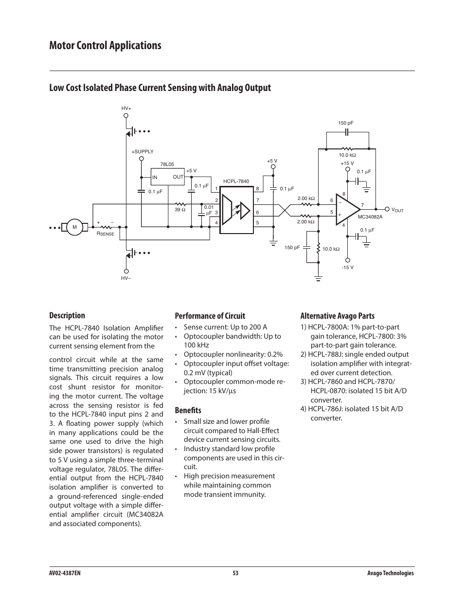 Motor control applications, Description, Performance of circuit | Benefits, Alternative avago parts | Avago Technologies ACPL-224-500E User Manual | Page 56 / 67