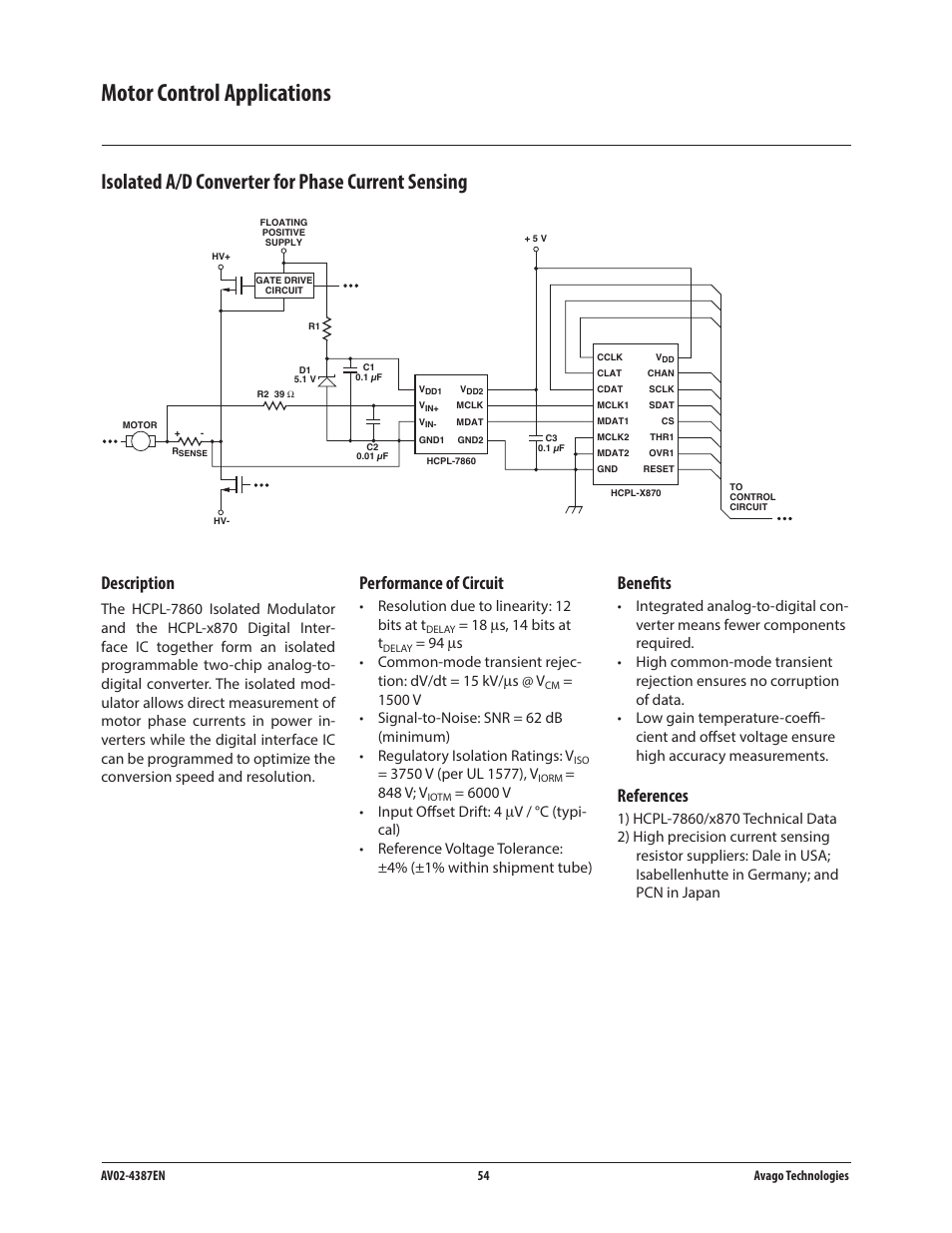 Motor control applications, Isolated a/d converter for phase current sensing, Performance of circuit | Benefits, References, Description | Avago Technologies ACPL-224-500E User Manual | Page 57 / 67