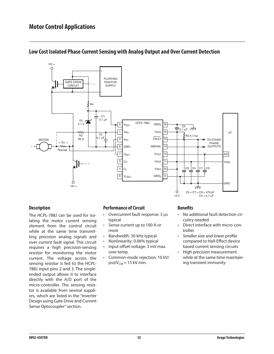 Motor control applications, Description, Performance of circuit | Benefits, 15 kv min | Avago Technologies ACPL-224-500E User Manual | Page 58 / 67