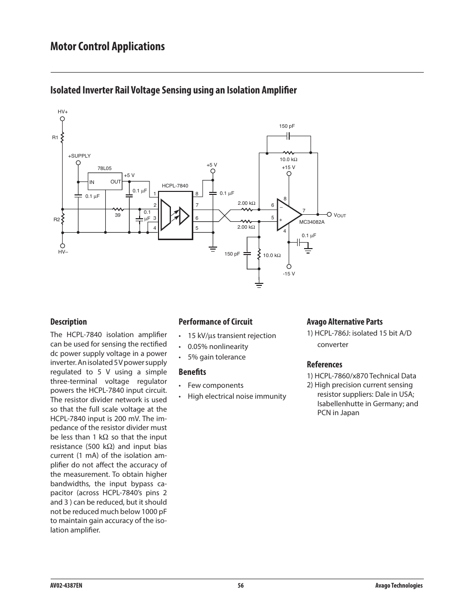 Motor control applications, Description, Performance of circuit | Benefits, Avago alternative parts, References | Avago Technologies ACPL-224-500E User Manual | Page 59 / 67
