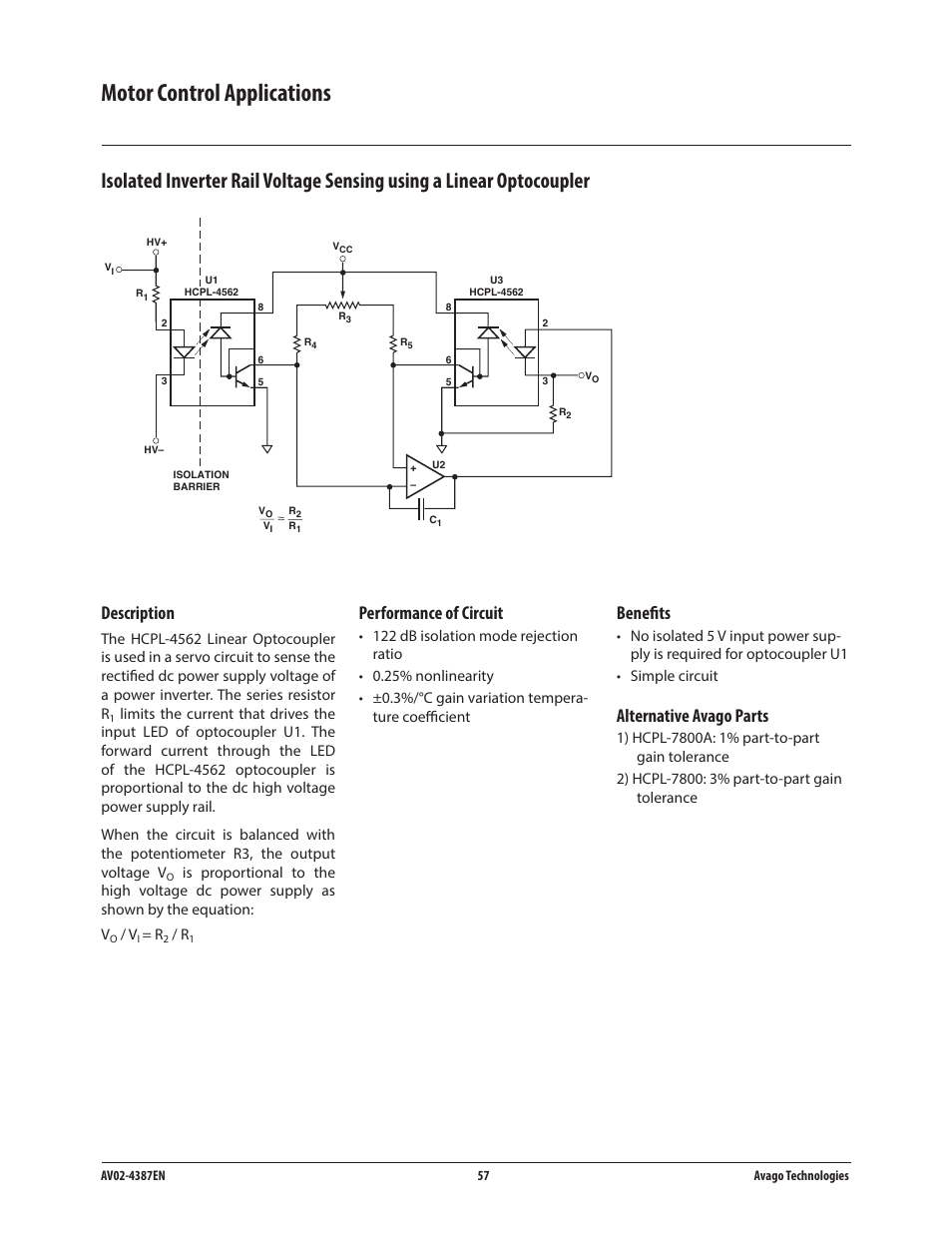 Motor control applications, Description, Performance of circuit | Benefits, Alternative avago parts | Avago Technologies ACPL-224-500E User Manual | Page 60 / 67
