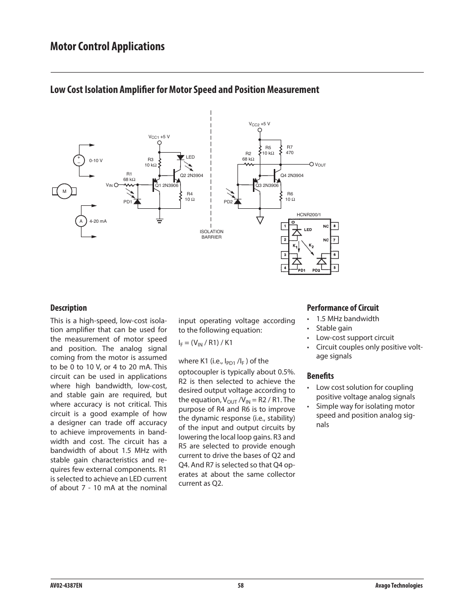 Motor control applications, Description, Performance of circuit | Benefits | Avago Technologies ACPL-224-500E User Manual | Page 61 / 67