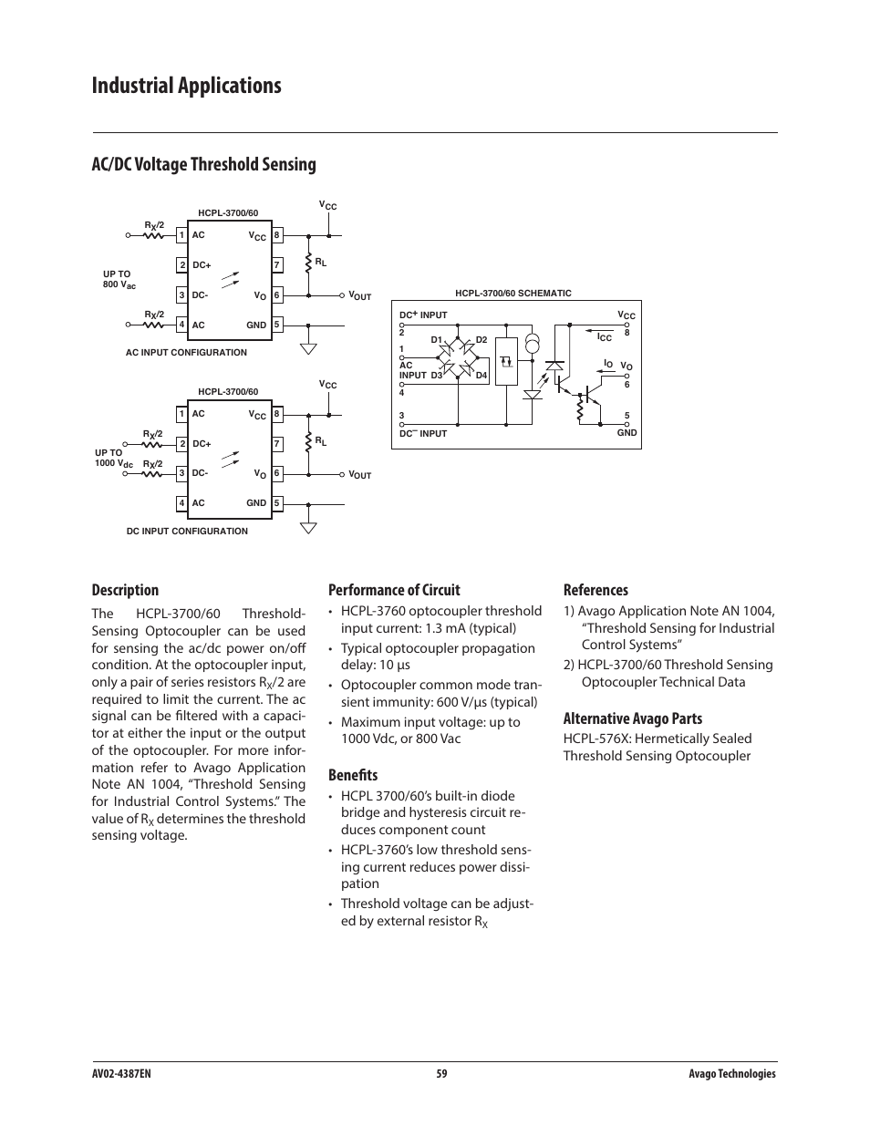 Industrial applications, Ac/dc voltage threshold sensing, Description | Performance of circuit, Benefits, References, Alternative avago parts | Avago Technologies ACPL-224-500E User Manual | Page 62 / 67