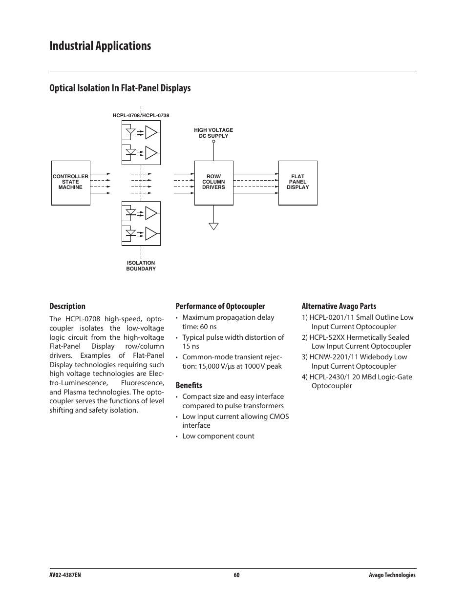 Industrial applications, Optical isolation in flat-panel displays, Description | Performance of optocoupler, Benefits, Alternative avago parts | Avago Technologies ACPL-224-500E User Manual | Page 63 / 67