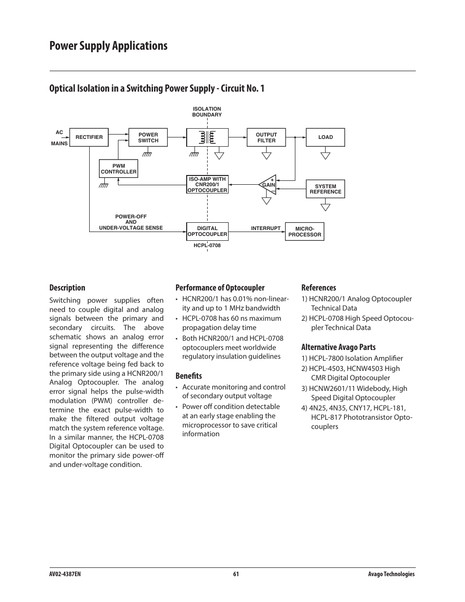 Power supply applications, Description, Performance of optocoupler | Benefits, References, Alternative avago parts | Avago Technologies ACPL-224-500E User Manual | Page 64 / 67