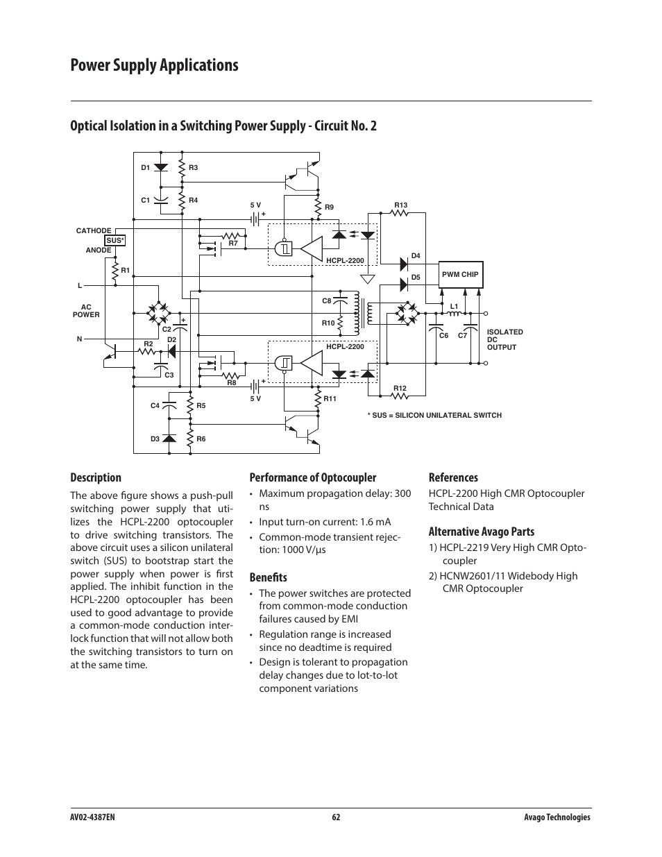 Power supply applications, Description, Performance of optocoupler | Benefits, References, Alternative avago parts | Avago Technologies ACPL-224-500E User Manual | Page 65 / 67