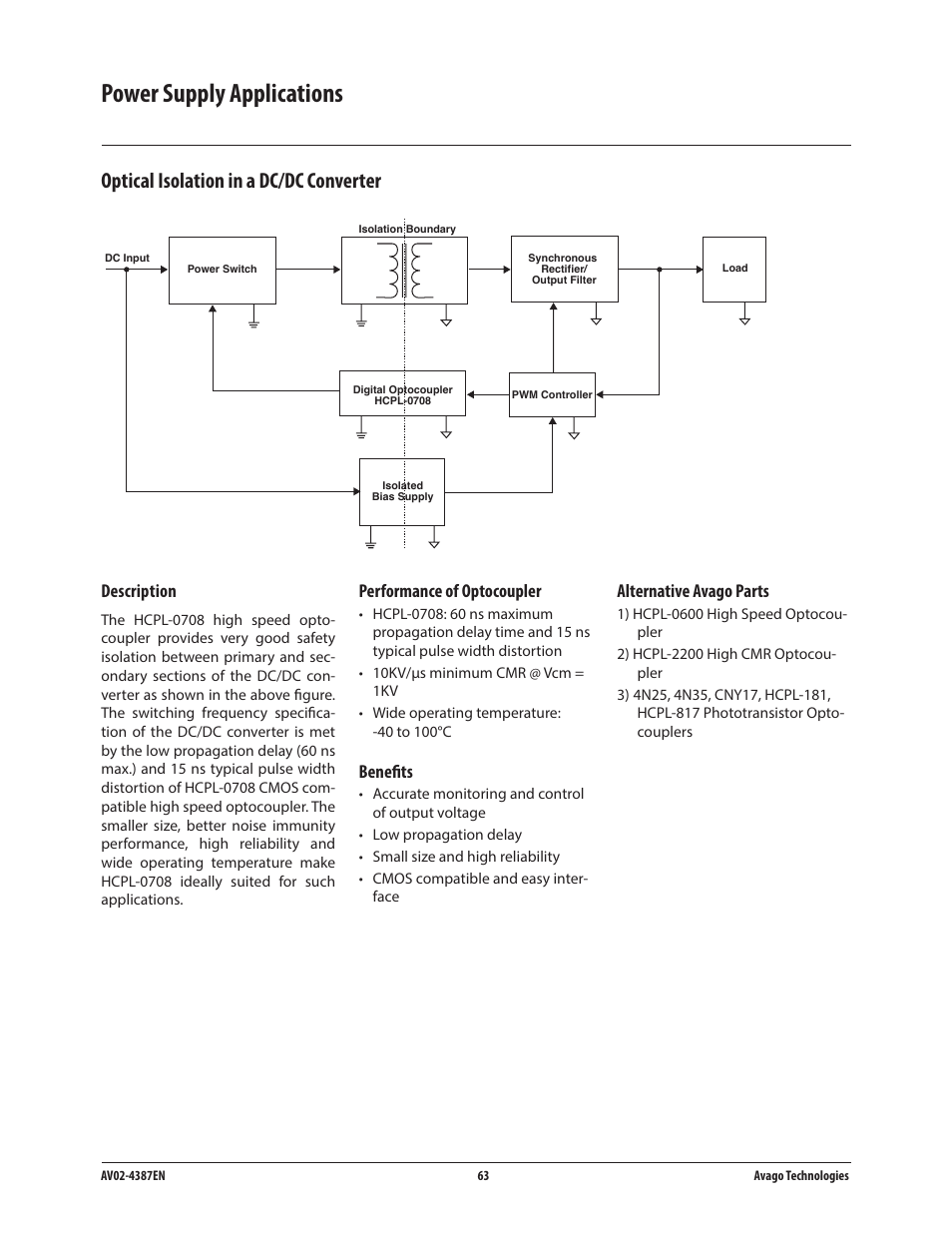 Power supply applications, Optical isolation in a dc/dc converter, Alternative avago parts | Description, Performance of optocoupler, Benefits | Avago Technologies ACPL-224-500E User Manual | Page 66 / 67