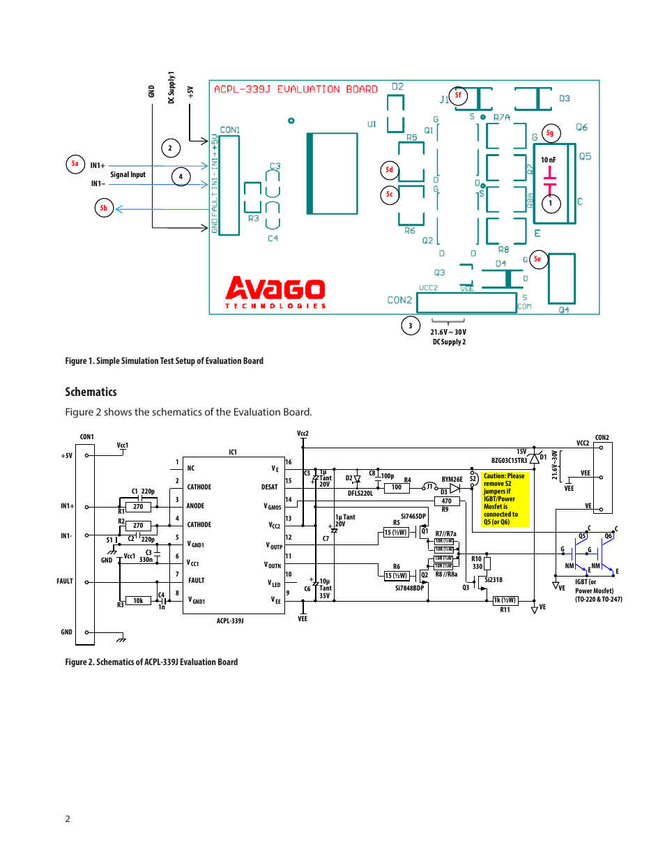 Schematics, Figure 2. schematics of acpl-339j evaluation board | Avago Technologies ACPL-339J-000E User Manual | Page 2 / 9