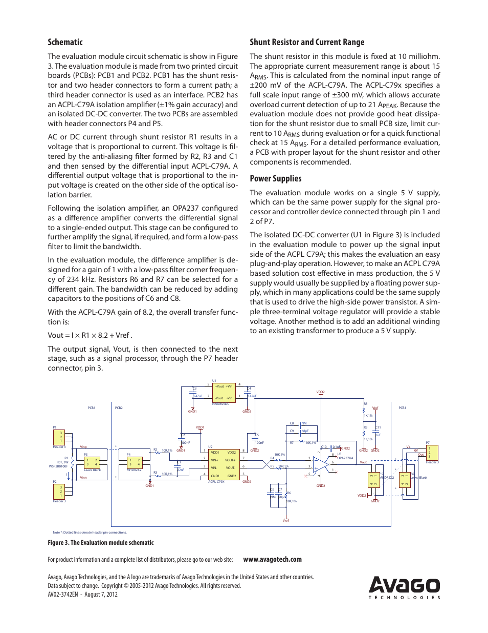 Schematic, Shunt resistor and current range, Power supplies | Avago Technologies ACPL-C790-000E User Manual | Page 2 / 2