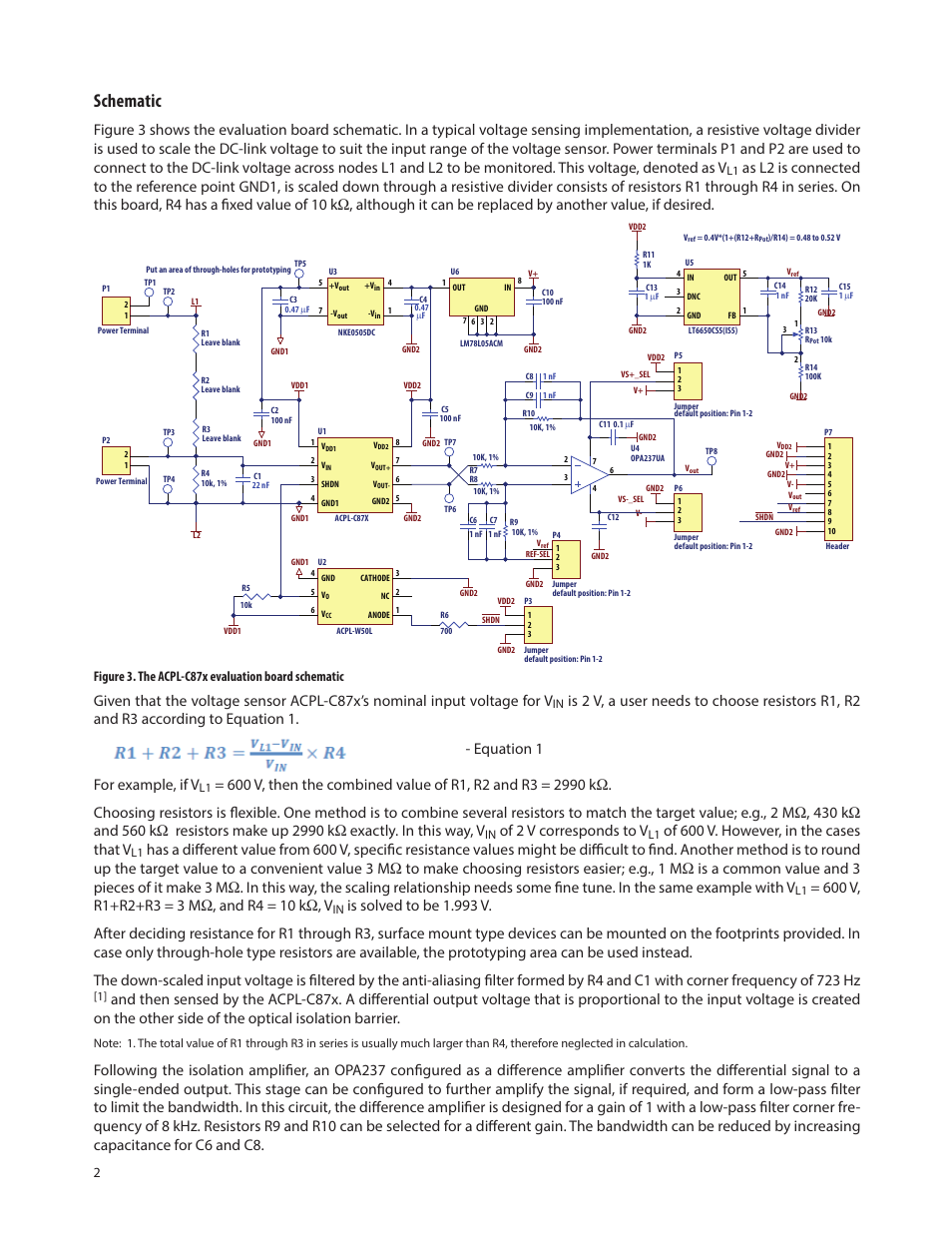Schematic, For example, if v, Of 2 v corresponds to v | Of 600 v. however, in the cases that v, Figure 3. the acpl-c87x evaluation board schematic | Avago Technologies ACPL-C870-000E User Manual | Page 2 / 4