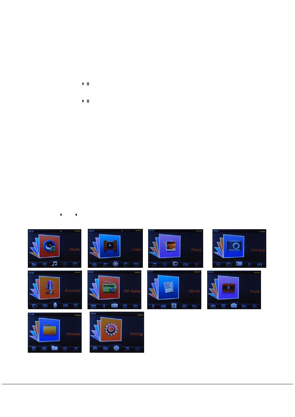 A) power on/off, B) recharge the player, Main menu | Mpman MP249PAK User Manual | Page 3 / 13