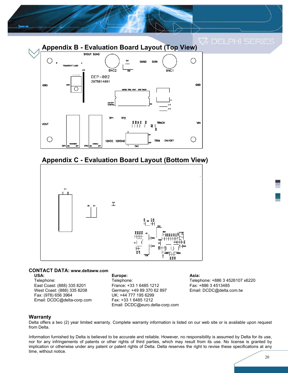 Appendix b - evaluation board layout (top view), Appendix c - evaluation board layout (bottom view) | Delta Electronics DNM User Manual | Page 20 / 20