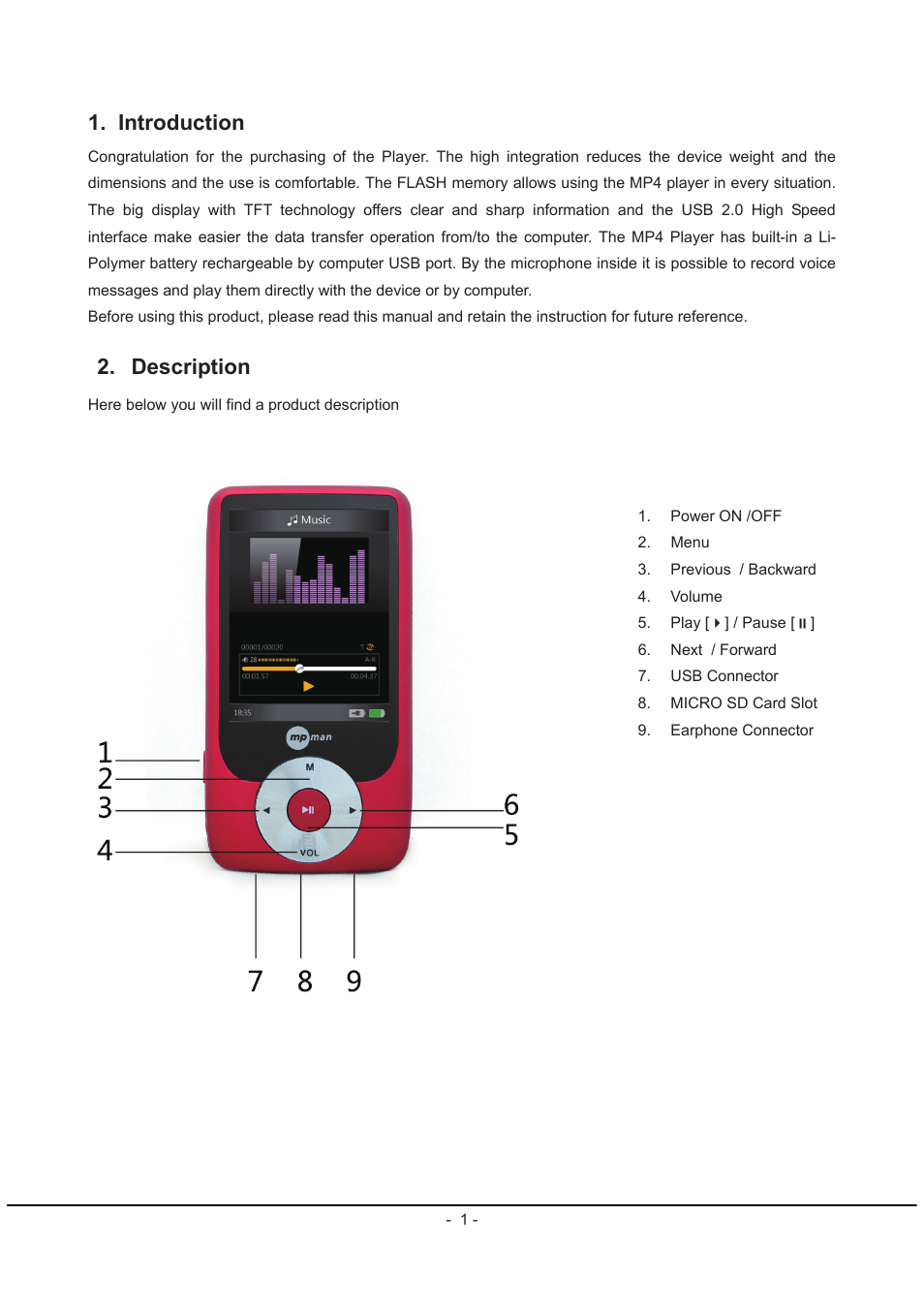 Em831 user manual, Introduction, Description | Mpman MP239 User Manual | Page 2 / 12