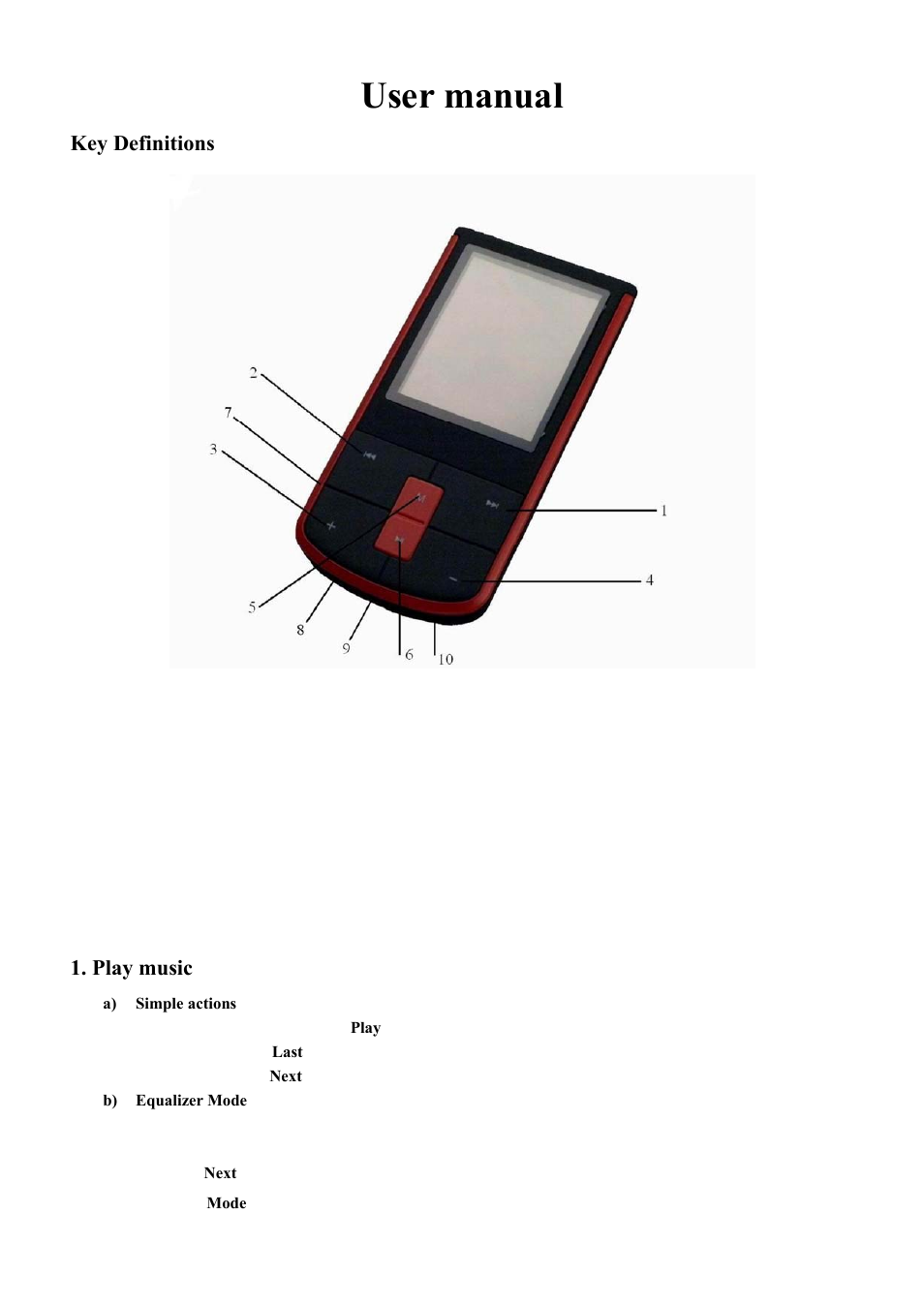 内容en, User manual, Key definitions | Play music | Mpman MP103WOM User Manual | Page 2 / 10