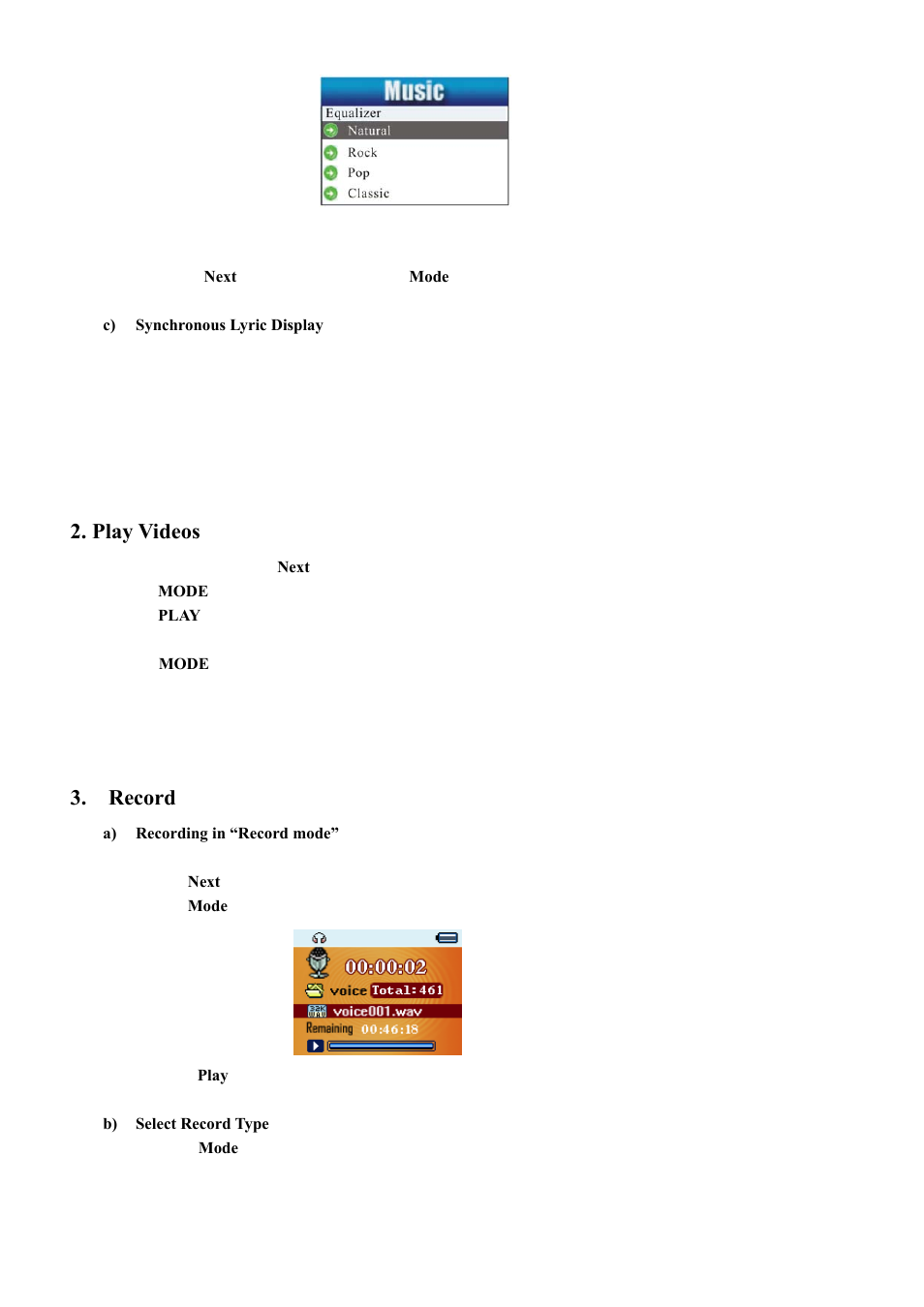 Play videos, Record | Mpman MP103WOM User Manual | Page 3 / 10