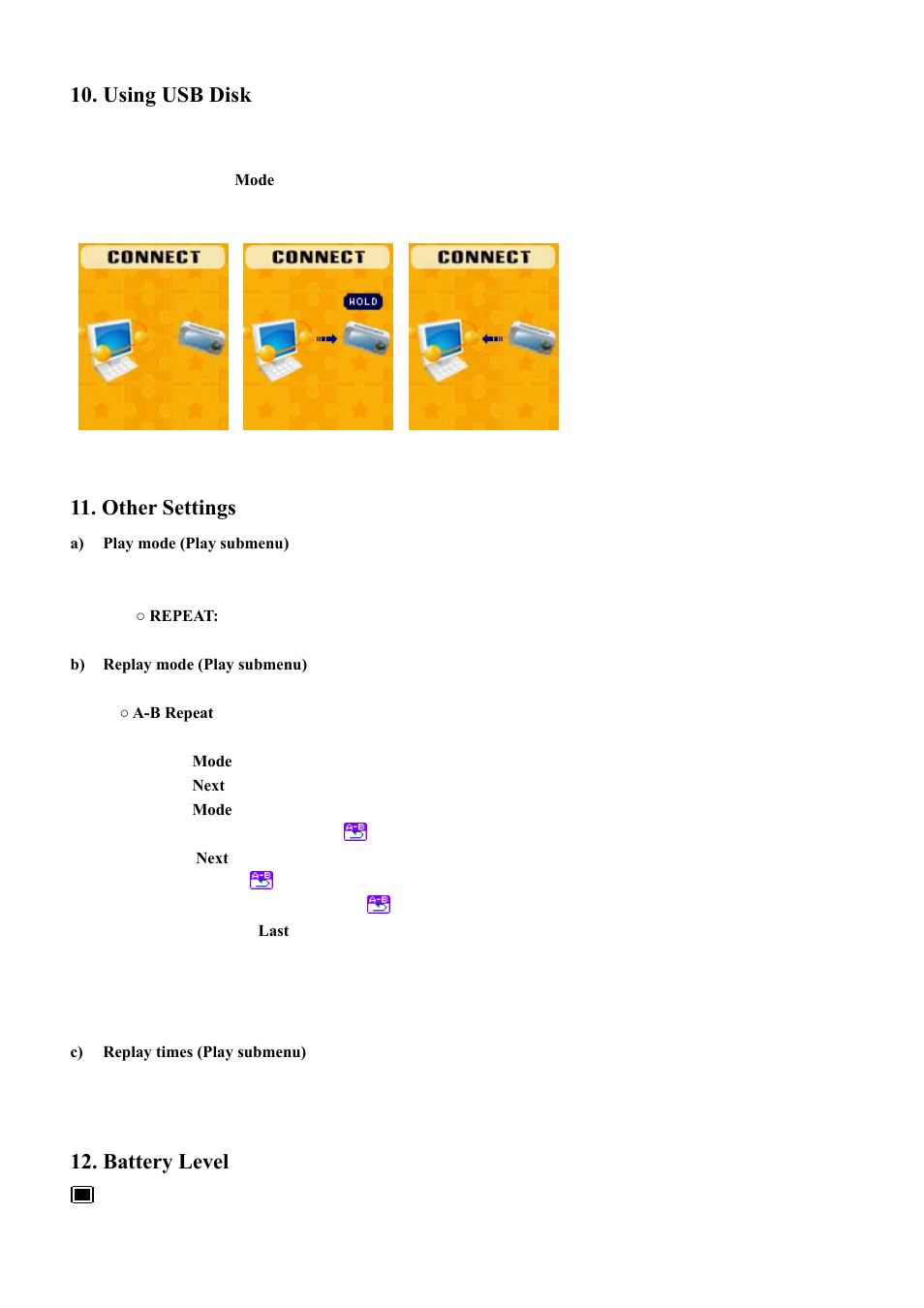 Using usb disk, Other settings, Battery level | Mpman MP103WOM User Manual | Page 7 / 10