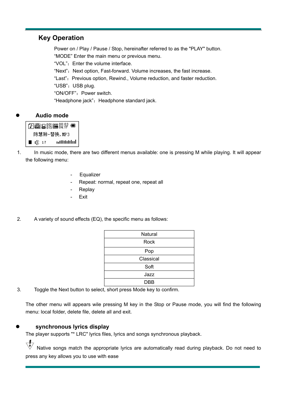 Key operation | Mpman FIESTA² User Manual | Page 3 / 9