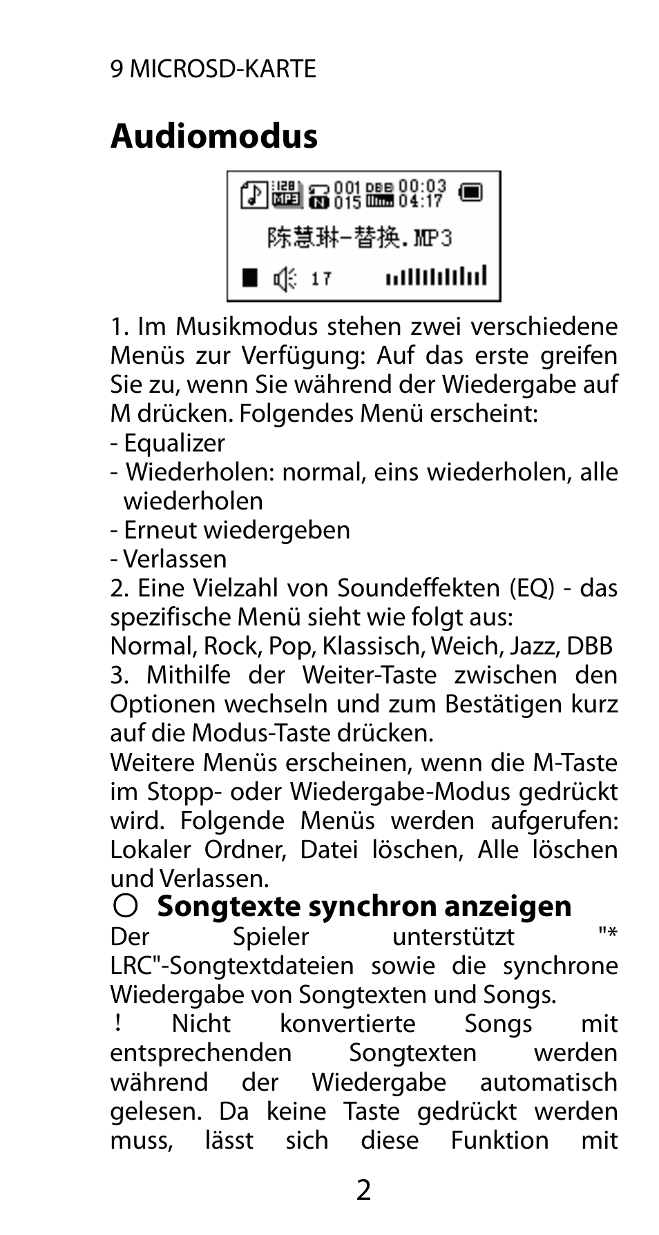 Audiomodus, Songtexte synchron anzeigen | Mpman FIESTA² WOM User Manual | Page 12 / 59