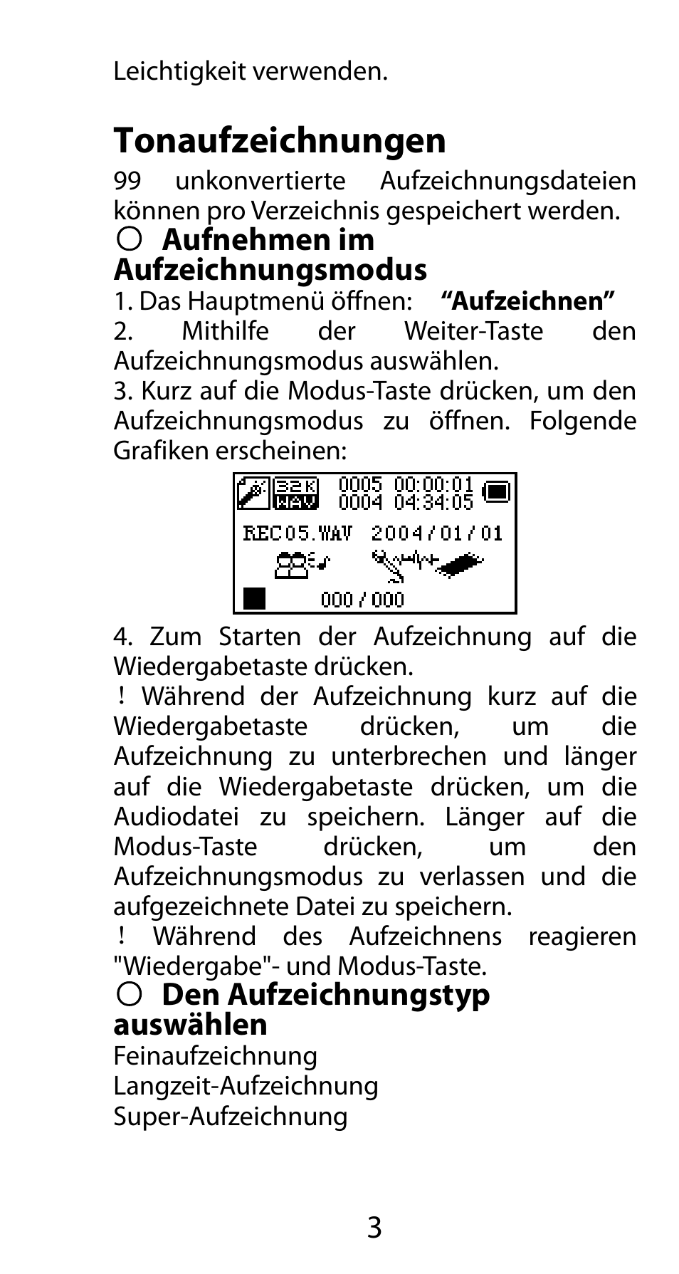 Tonaufzeichnungen, Aufnehmen im, Aufzeichnungsmodus | Den aufzeichnungstyp, Auswählen | Mpman FIESTA² WOM User Manual | Page 13 / 59